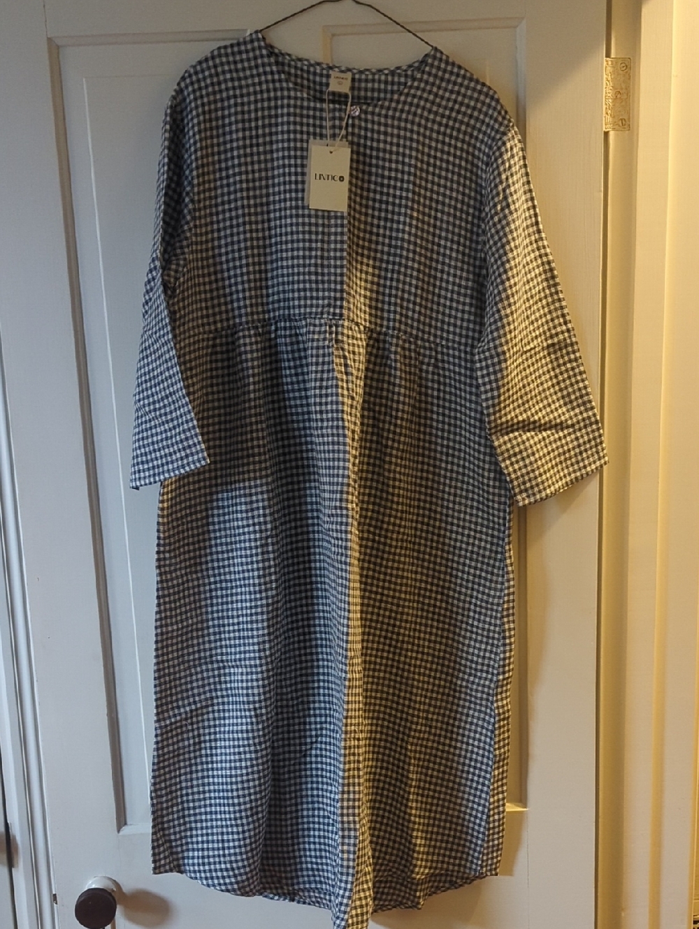 NWT LINTICO Linen Check Long Sleeve Midi Dress - Picture 4 of 7